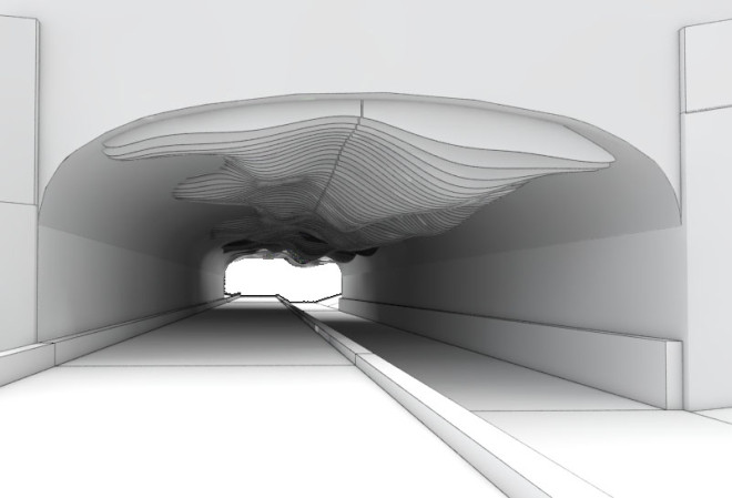 Rendering from the opposite entrance of the Dune Sculpture concept in the pedestrian underpass