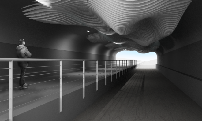 rendered view from of the sculpture Inside the Central Park Boulevard underpass